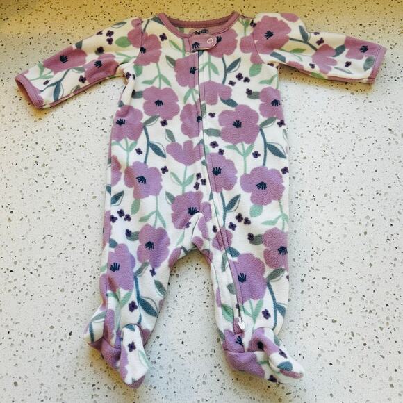 0-3 Month Fleece Footed Pajama Purple Floral Print - Picture 1 of 3